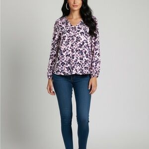 Banana Republic Pink & Navy Floral V-Neck Blouse – Size M